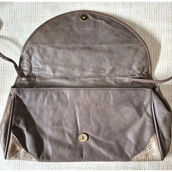 Vintage 80s Eleganza by JJ Purse Envelope Handbag Genuine Leather Brown Snakeski - Picture 5 of 10